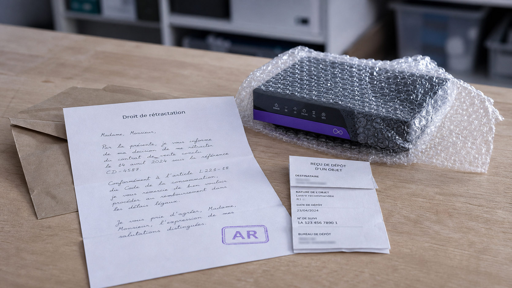 Enveloppe et courrier de résiliation prêts à être envoyés à l'adresse indiquée par l'opérateur.
