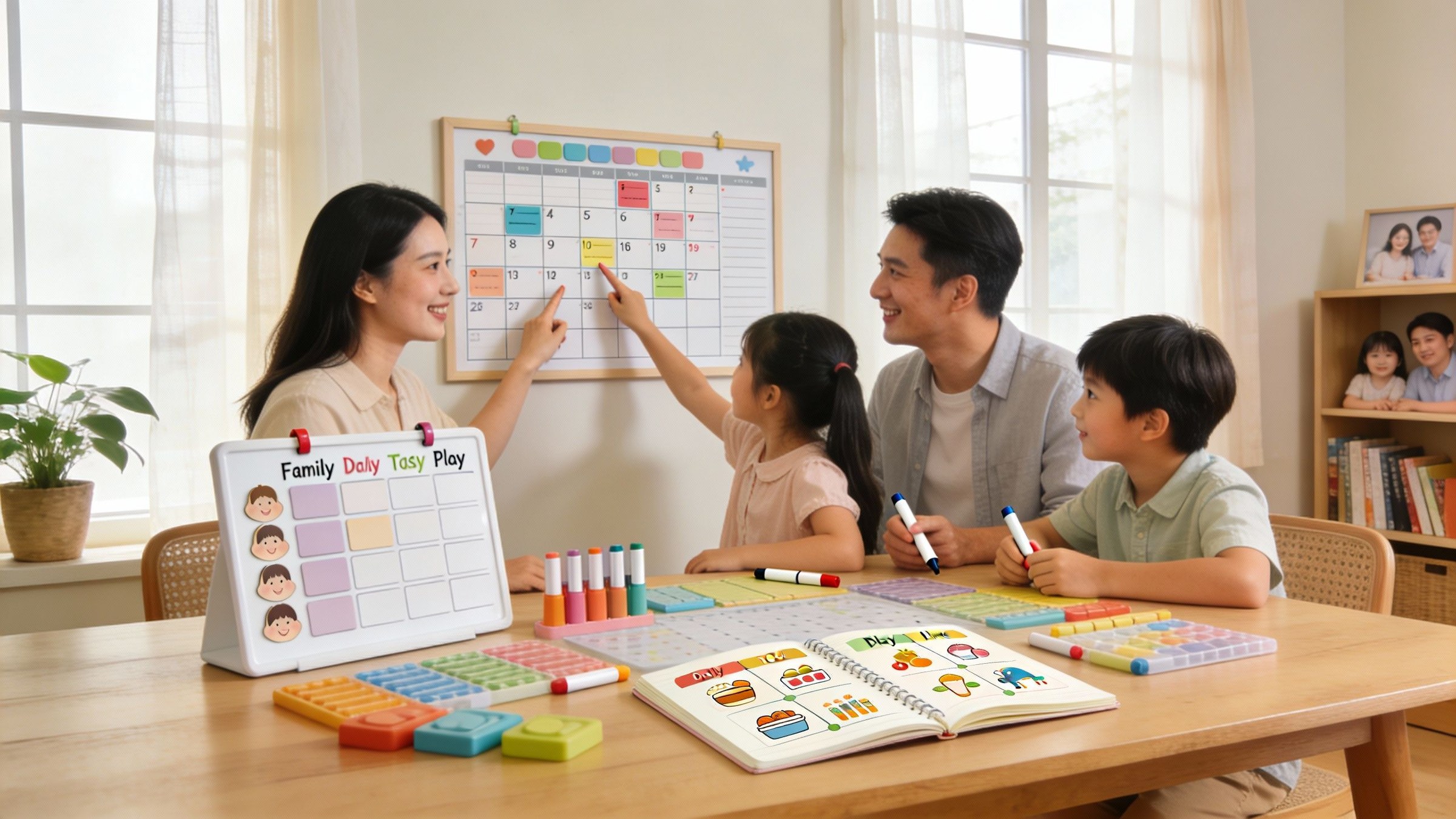Organisation familiale : planning hebdomadaire et calendrier partagé affichés dans une cuisine